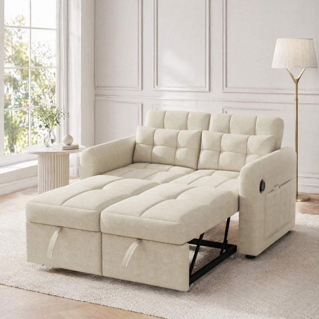 Divano letto 3 in 1 beige con USB, schienale reclinabile e cuscini