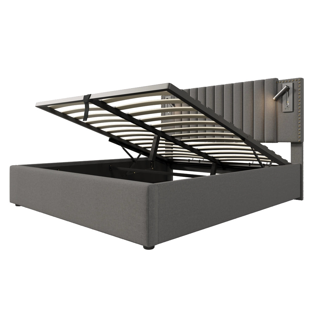 Letto imbottito 140x200 con contenitore; grigio