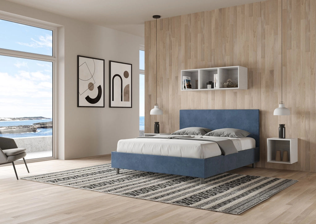 BS COM Letto matrimoniale francese con rete imbottito 140x210 microfibra blu
