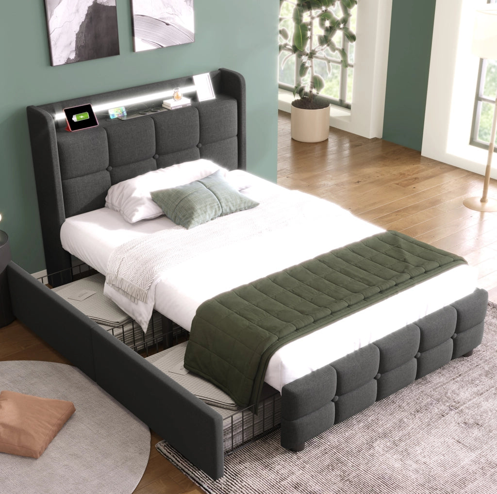 Letto singolo 90x200 cm con LED, USB e 2 cassetti