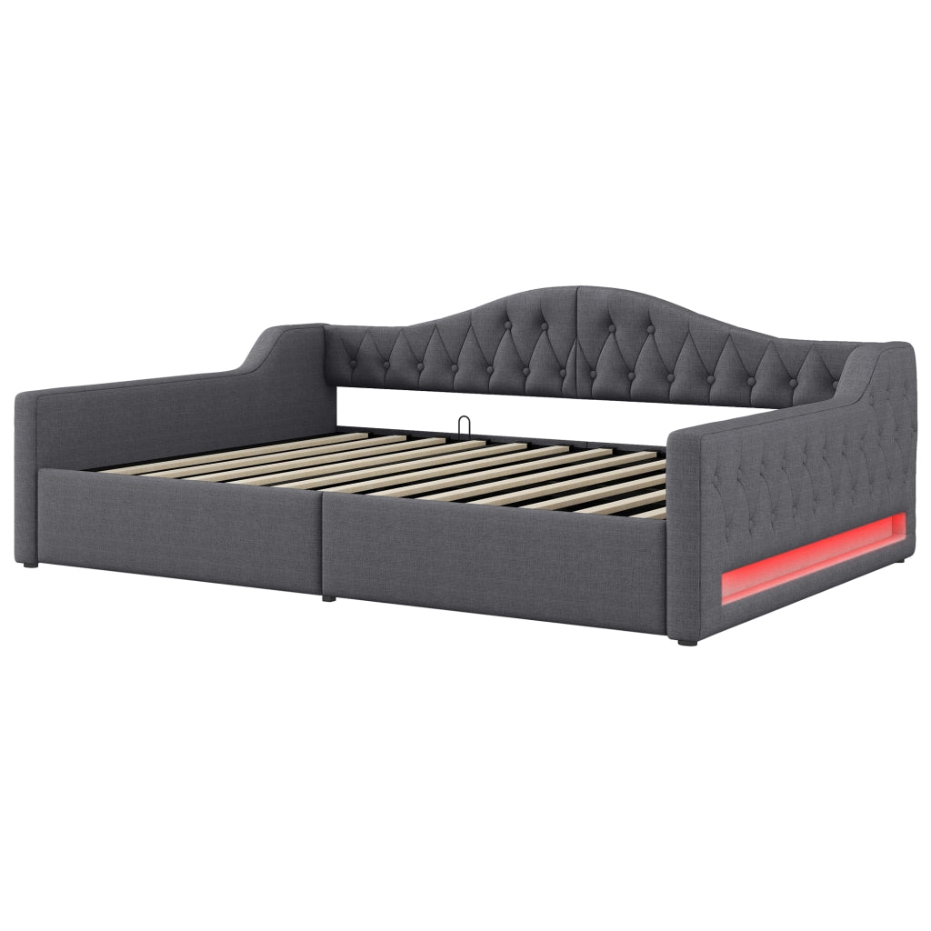 Letto imbottito una piazza e mezza 140×200 cm con contenitore e LED regolabile, senza materasso, lino, grigio