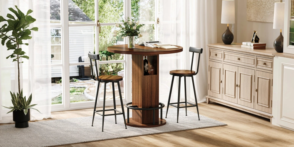 TAVOLO BAR ROTONDO 80 cm Noce Set 3 pezzi con 2 sgabelli