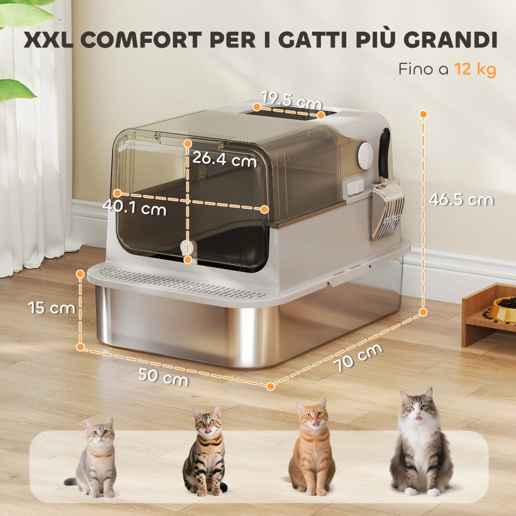Lettiera Chiusa per Gatti XXL a 2 Porte 70x50x46,5 cm Vaschetta in Acciaio Inox Grigio