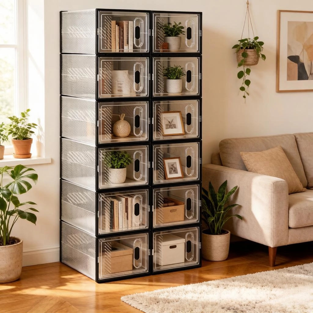 Scarpiera modulare con 12 box impilabili e aperture frontali, in plastica trasparente e nera, per camera da letto