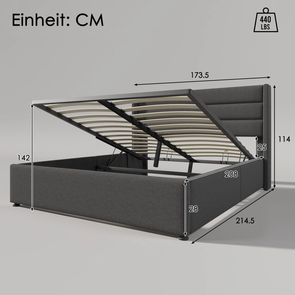 OKWISH Letto Contenitore 160×200 cm, Letto Matrimoniale con Testiera Imbottita e Sollevamento Idraulico, senza Materasso, in Lino - Grigio