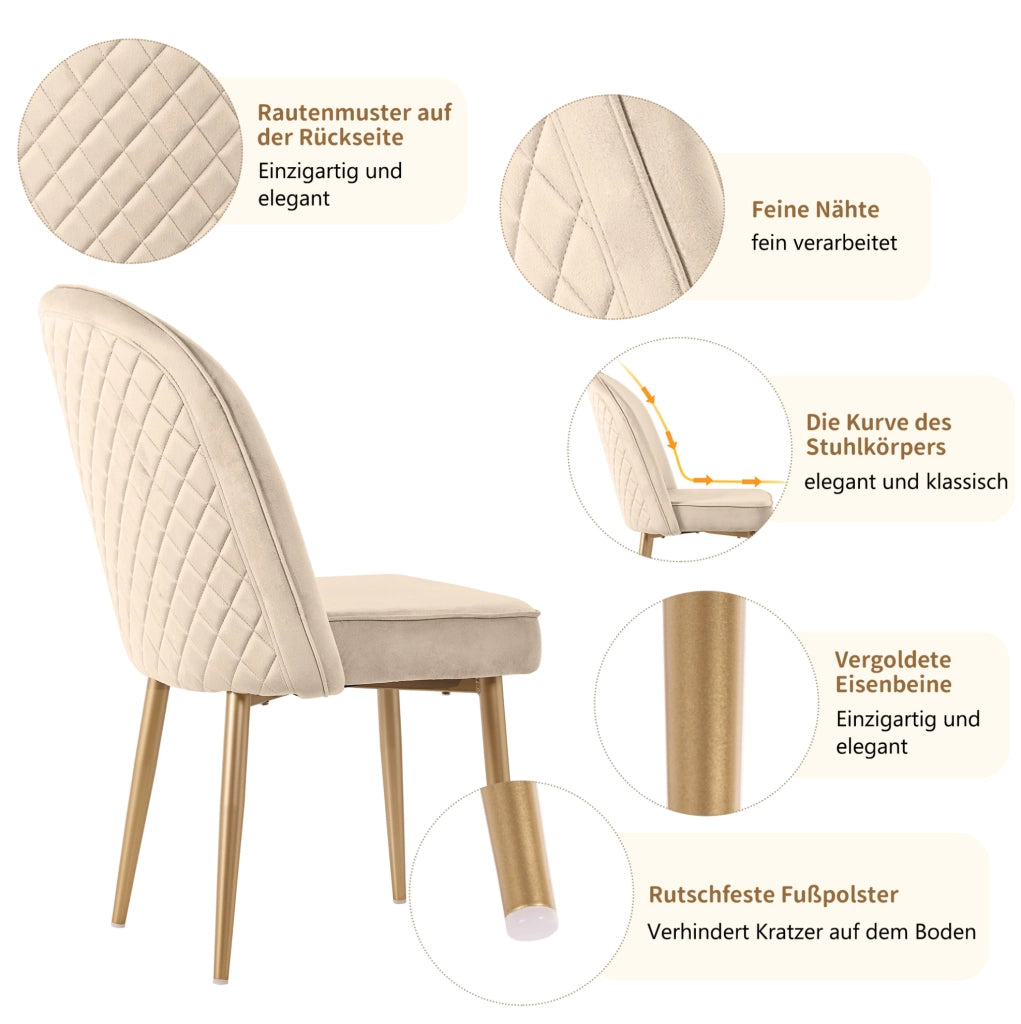 Set di 4 Sedie da Pranzo Beige in Velluto con Gambe in Metallo Dorato, Moderne e Comode
