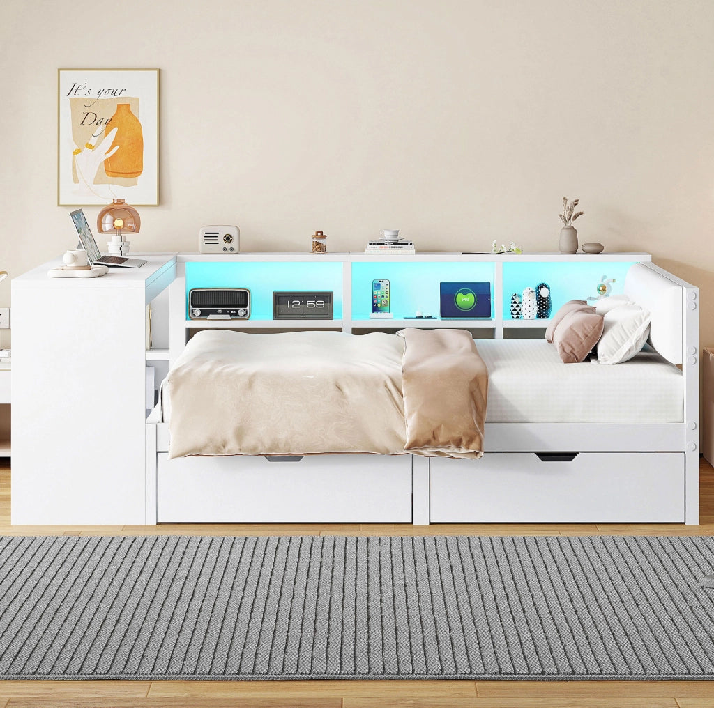 Letto piattaforma 140x200 cm con LED, USB e cassetti bianco