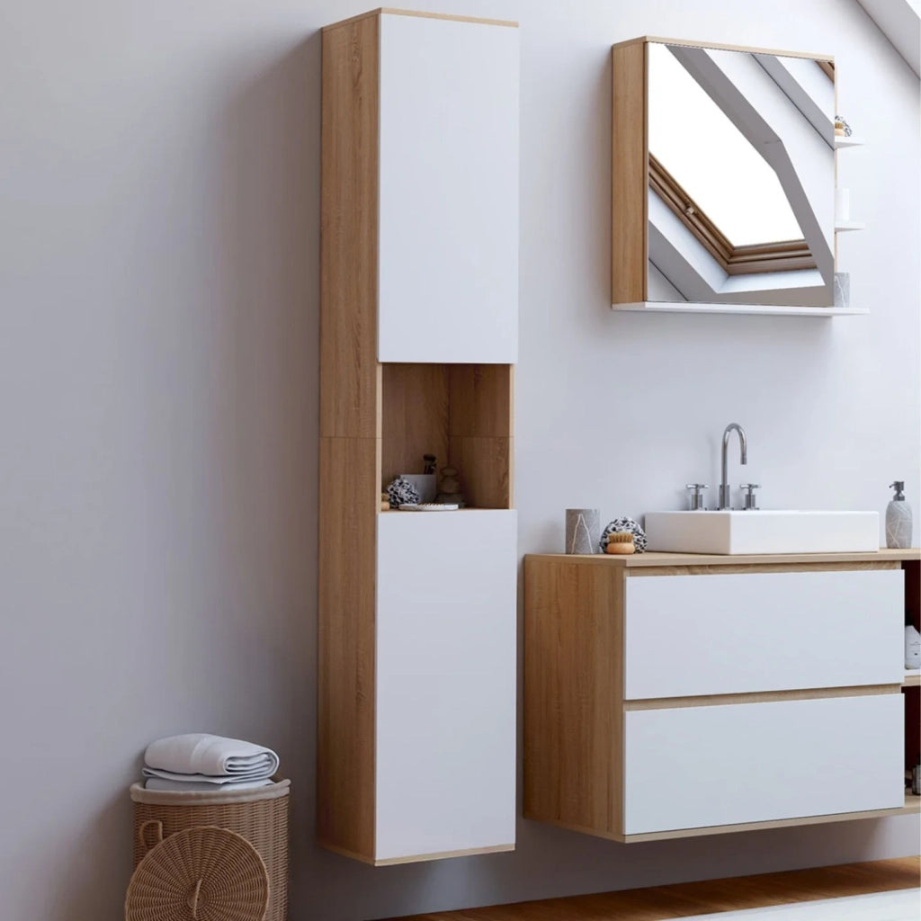 IDMarket - TOMI pensile da bagno a 2 ante e 1 nicchia in faggio bianco