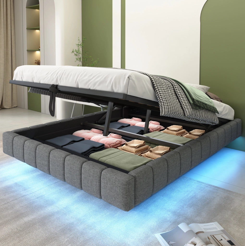 Letto imbottito flottante 140x200 cm con contenitore, LED a luce variabile, grigio