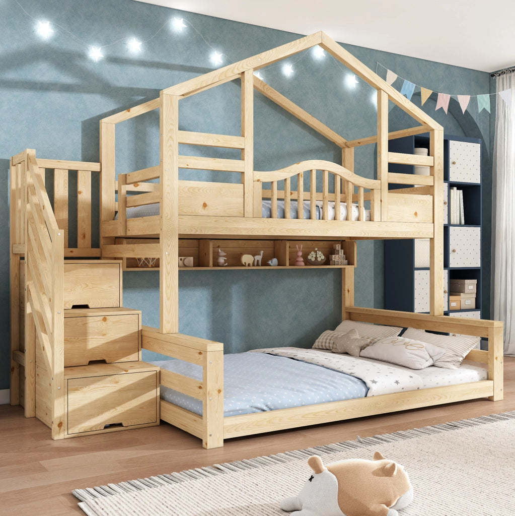 Letto a castello in legno 90x200/140x200 con scala contenitore e ripiani