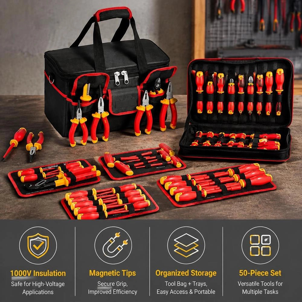 Insulated Screwdriver Set, 50 Pieces. Professional 1000V Electrician's Tool Set With Magnetic Tips, T-handle Hex Wrench, Screwdrivers, Single-pole Voltage Tester.