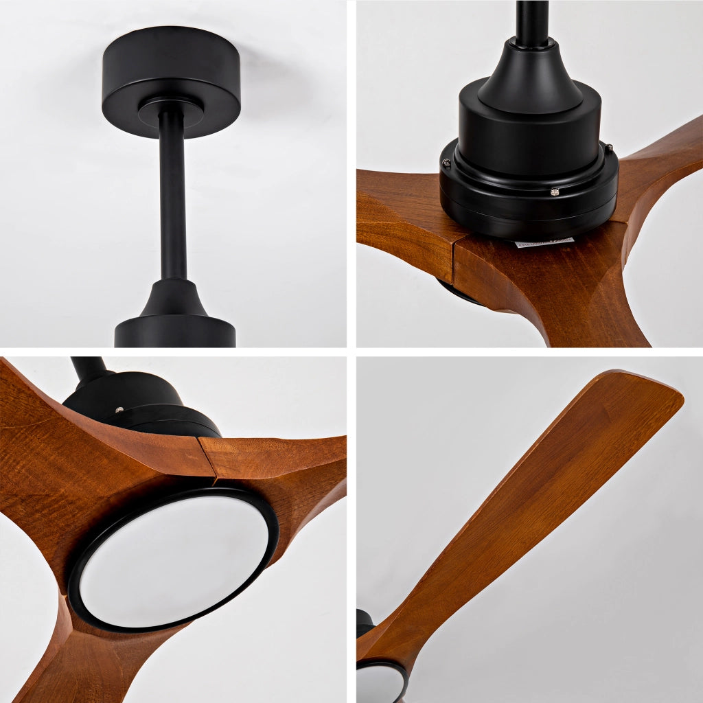 Ventilatore da soffitto con luce LED e telecomando; metallo e legno noce e nero