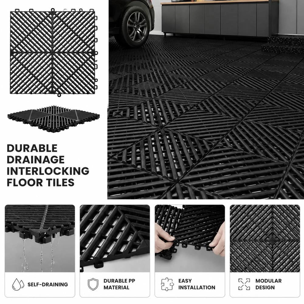 Set Di Tappetini Di Drenaggio Ad Incastro 55 Pezzi, Set Di Piastrelle 31 X 31 Cm Per Pavimentazioni Da Garage Antiscivolo Materiale In PP Modulare Da Garage Officina Cucina Piscina, Nero