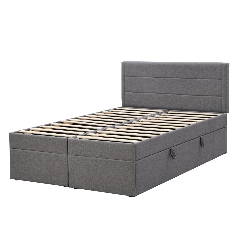 Letto matrimoniale imbottito 140x200 cm con contenitore e rete sollevabile; grigio