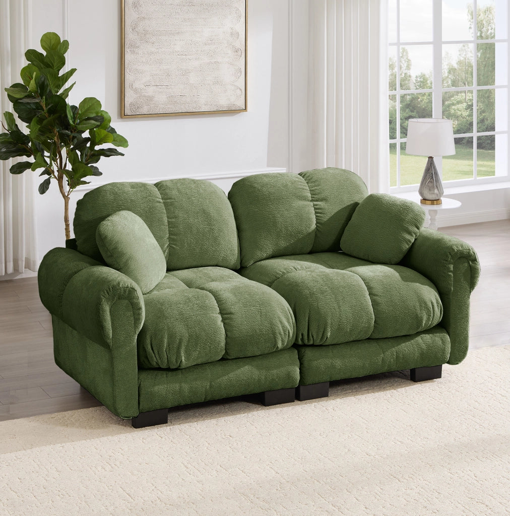 Divano modulare in ciniglia verde 190x86x90 cm con cuscini trapuntati