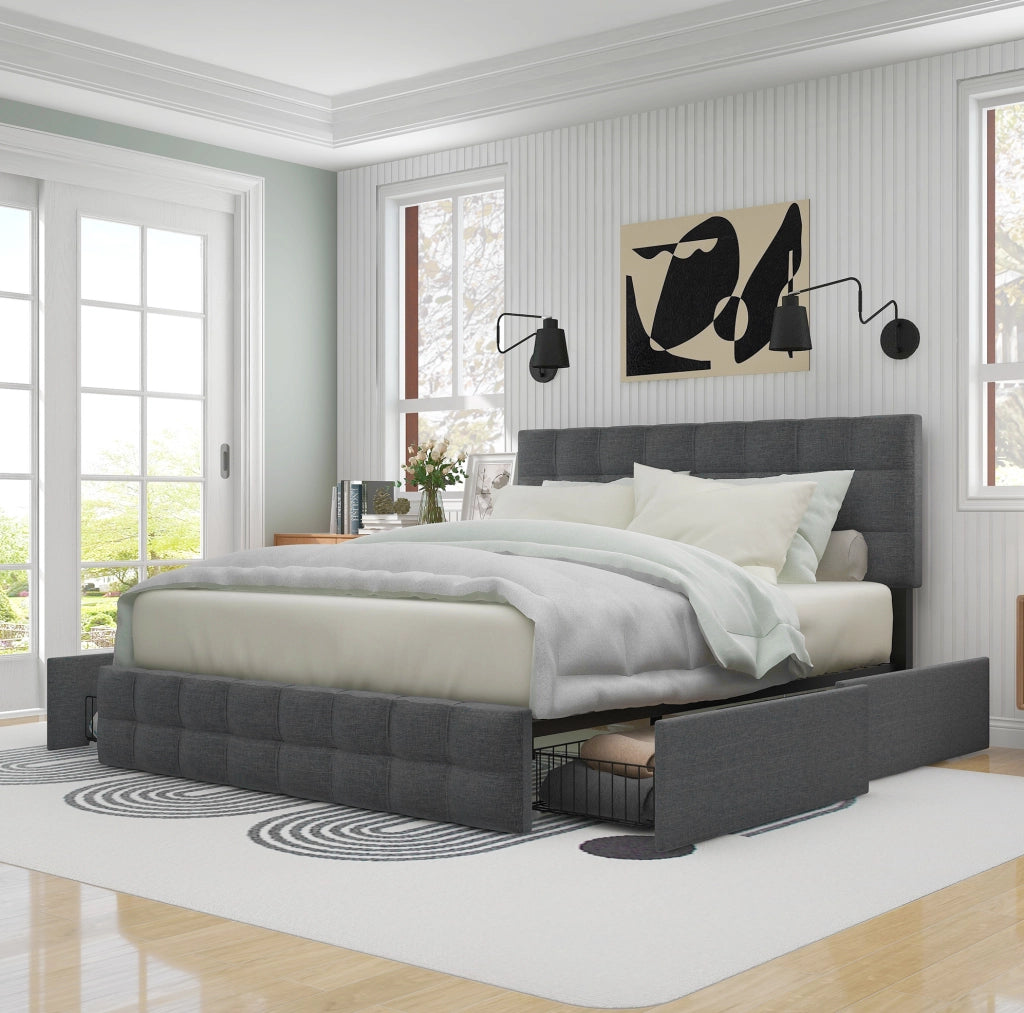 Letto matrimoniale 140x200 cm con 4 cassetti e testiera regolabile; lino grigio