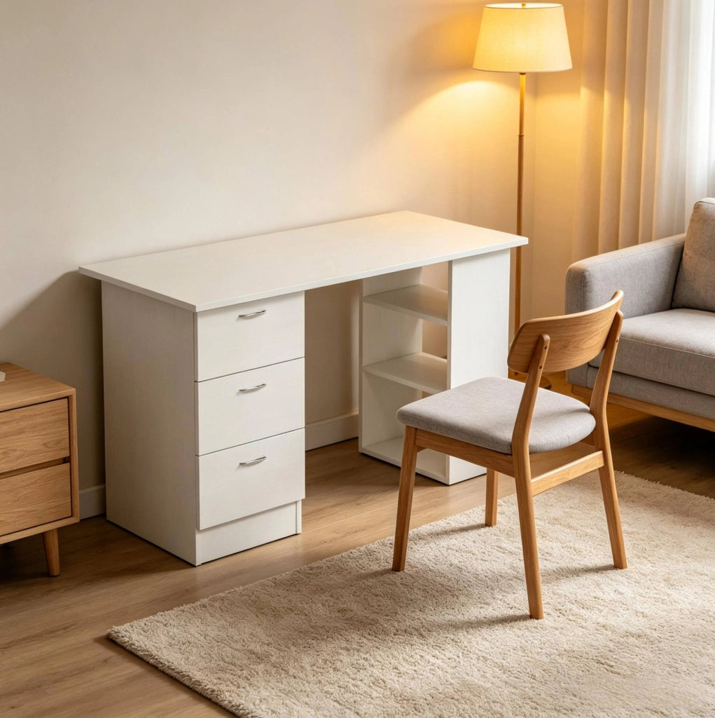 Scrivania bianca in MDF con 3 cassetti e 3 ripiani