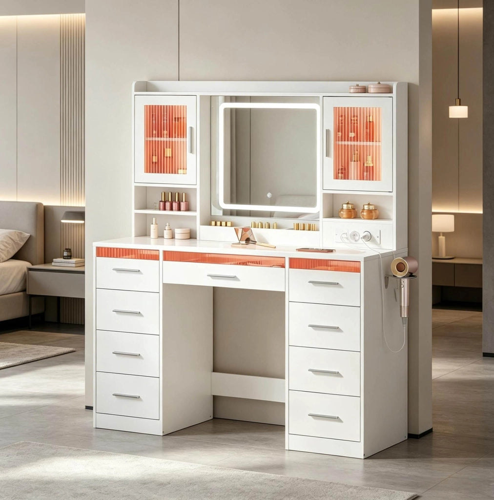Toeletta 110x40x140 cm in legno e vetro bianco con LED e contenitori per camera