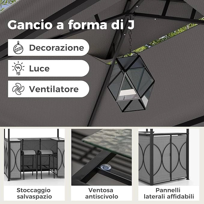 Set Bar da Patio a 3 Pezzi, Gazebo per Griglia e 2 Sgabelli da Bar con Tavolo in Vetro Temperato, Ripiani in Metallo, Portabicchieri, per Giardino Cortile e Spiaggia (Grigio)
