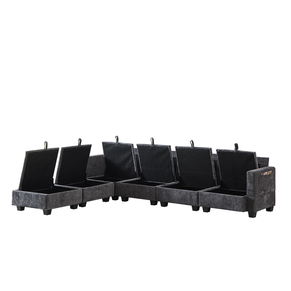 Divano angolare 6 posti con chaise longue e contenitore ¨C Minimal ¨C tessuto chenille grigio