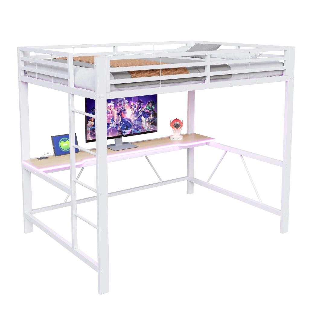 Letto a soppalco 140 × 200 cm con scrivania LED e ricarica USB in metallo e MDF bianco