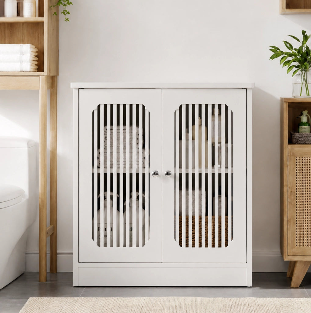 Mobile da bagno bianco con ante a lamelle, con doppia porta, senza lavabo
