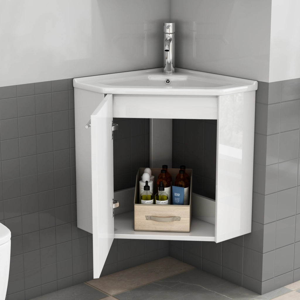 Mobile bagno angolare 49x49x57 cm salvaspazio con lavabo in ceramica MDF bianco lucido