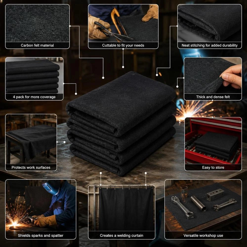 4-piece Set Of Welding Blankets 950 X 910 X 3 Mm, Welding Protection Blanket, 982℃ Heat Resistance, Heat Protection Fabric, Thermal Protection Mat, Carbon Fiber Fire Blanket, Fireproof Mat, Fire Protection Mat, Fire Mat