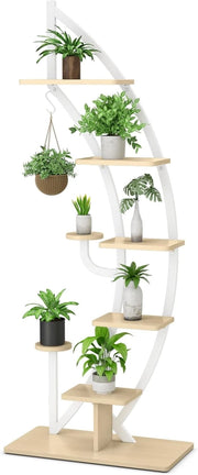 Scaffale per Piante a 7 Livelli, Scaffale a Forma di Mezza Luna con Gancio e Dispositivo Antiribaltamento, Porta Piante e Fiori per Interno, Balcone e Soggiorno (1 PEZZO BIANCO)