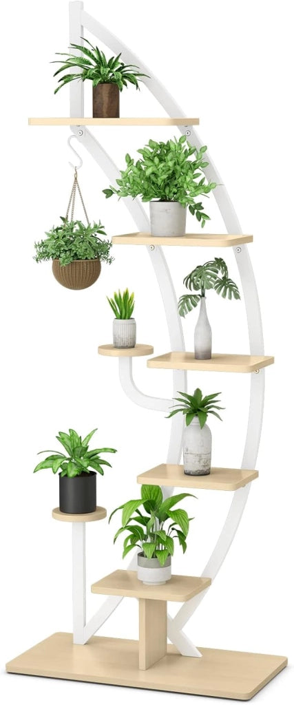 Scaffale per Piante a 7 Livelli, Scaffale a Forma di Mezza Luna con Gancio e Dispositivo Antiribaltamento, Porta Piante e Fiori per Interno, Balcone e Soggiorno (1 PEZZO BIANCO)