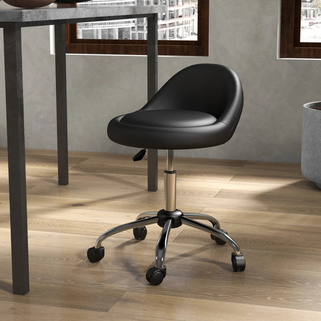 Sgabello con Ruote ¨C Minimal ¨C Nero, Finta Pelle PU, Altezza Regolabile