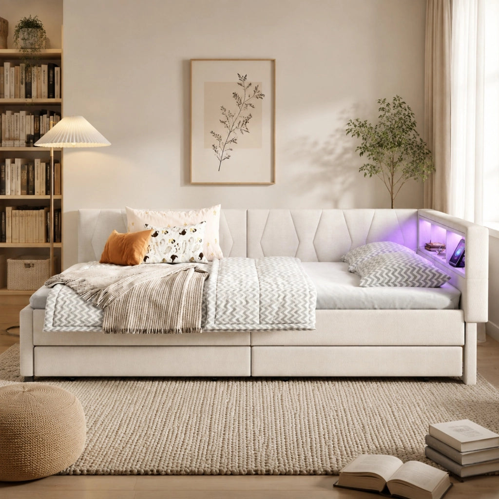 Letto con cassetti 140 × 200 cm con LED USB e Type-C in lino e MDF beige