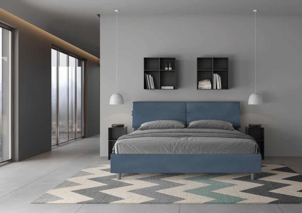BS COM Letto matrimoniale king size contenitore imbottito 200x200 microfibra blu
