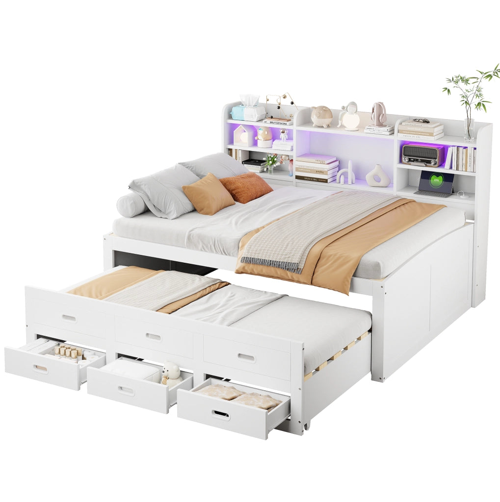Letto multifunzionale con LED, 3 cassetti e ricarica USB + Type-C