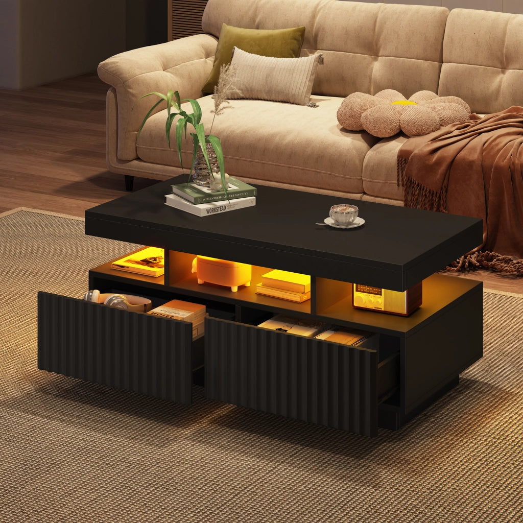 Tavolino da Salotto con LED e 2 Cassetti; Nero; 100x50x45 cm; da Assemblare