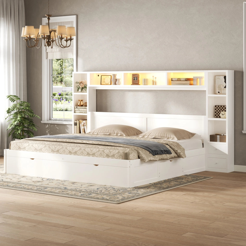 Letto matrimoniale a piattaforma 180 × 200 cm con testiera e pediera MDF e compensato bianco con 7 cassetti e LED