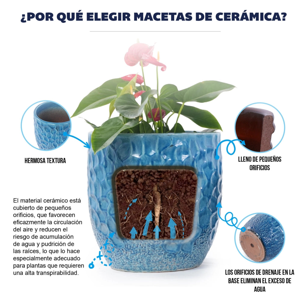 Set di 4 Vasi in Ceramica fatti a Mano, Blu Lucido con Rilievo a Martellatura, Ø38/30/22,5/18 cm, con Foro di Drenaggio, Resistente al Gelo per Interni e Giardino