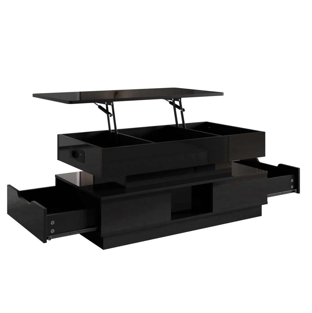 Tavolino da salotto nero lucido con piano elevabile e LED