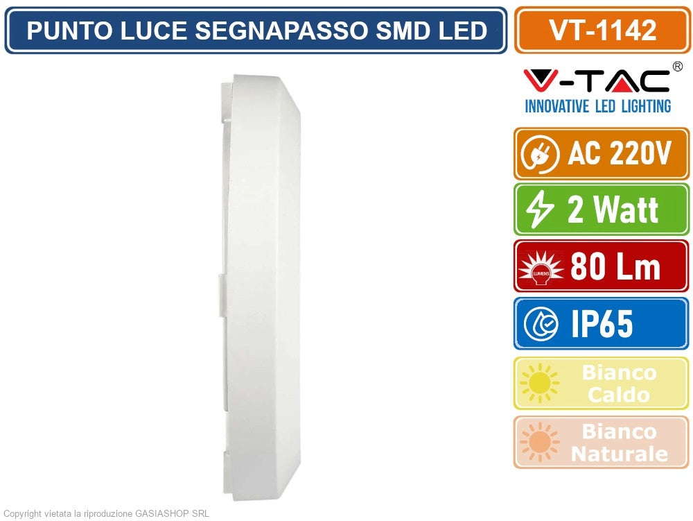 V-TAC VT-1142 FARETTO SEGNAPASSO LED A MONTAGGIO SUPERFICIALE ROTONDO 2W PER ESTERNO COLORE BIANCO - Colore Luce:Bianco Caldo
