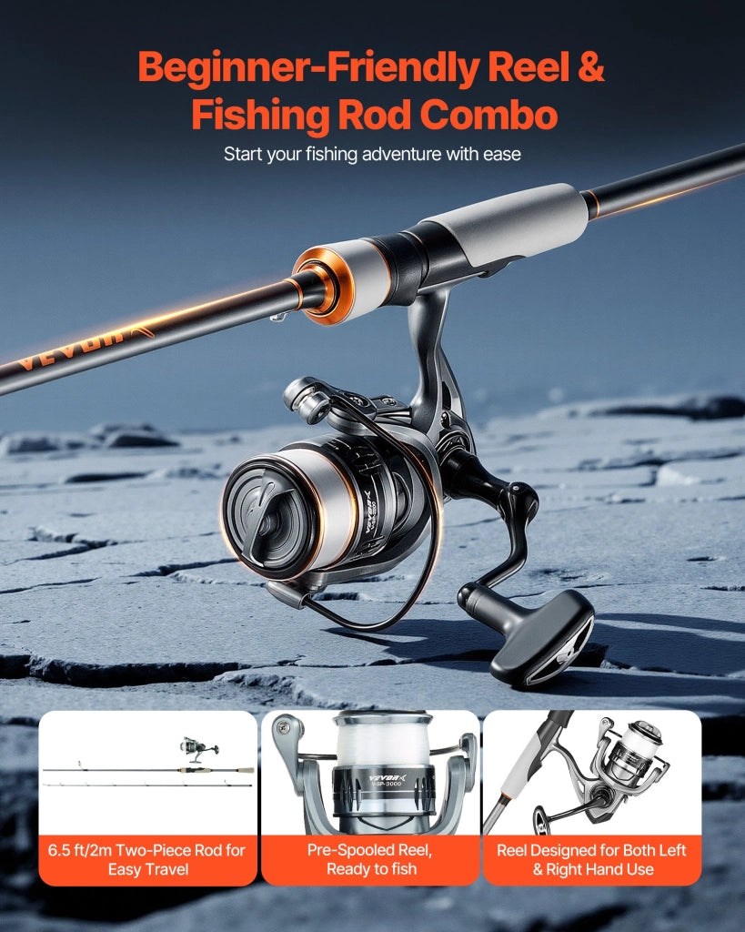 Set Canna da Pesca 2 m in 2 Pezzi V1-652S-MF e Mulinello Spinning 3000 in Fibra di Carbonio IM6 e Vetro, Robusto per Acqua Dolce e Salata