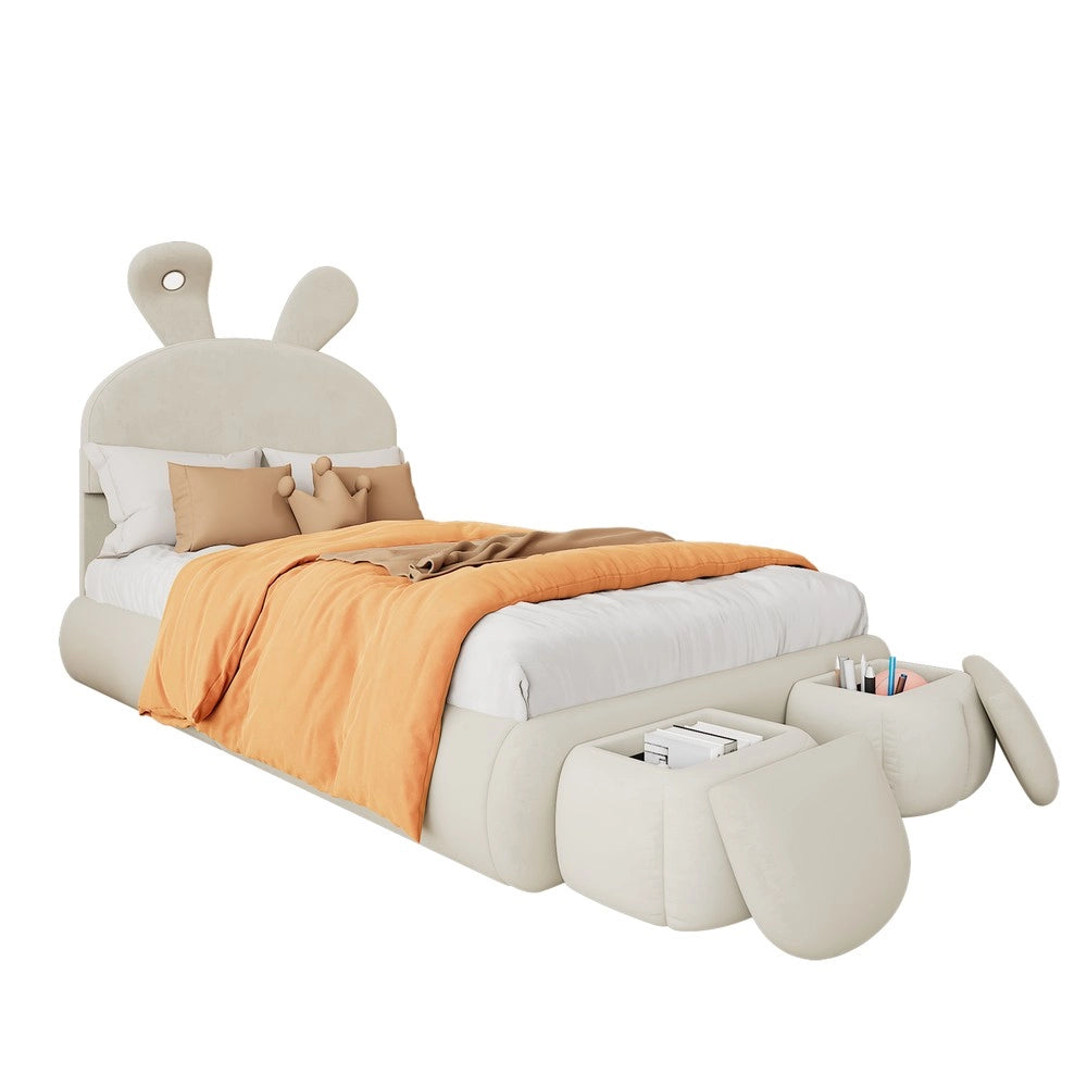 Letto Singolo Imbottito con Contenitore e LED ¨C MINIMAL ¨C Velluto Beige 90x200