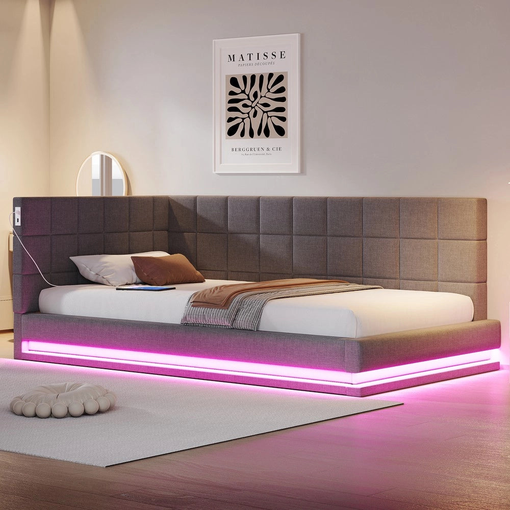 Letto Imbottito con LED e Rete a Doghe ¨C MINIMAL ¨C Tessuto Grigio 90x200