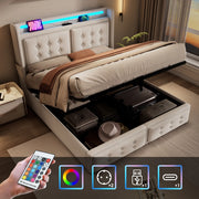 Letto imbottito 180x200 LED USB-C idraulico doghe 300kg beige