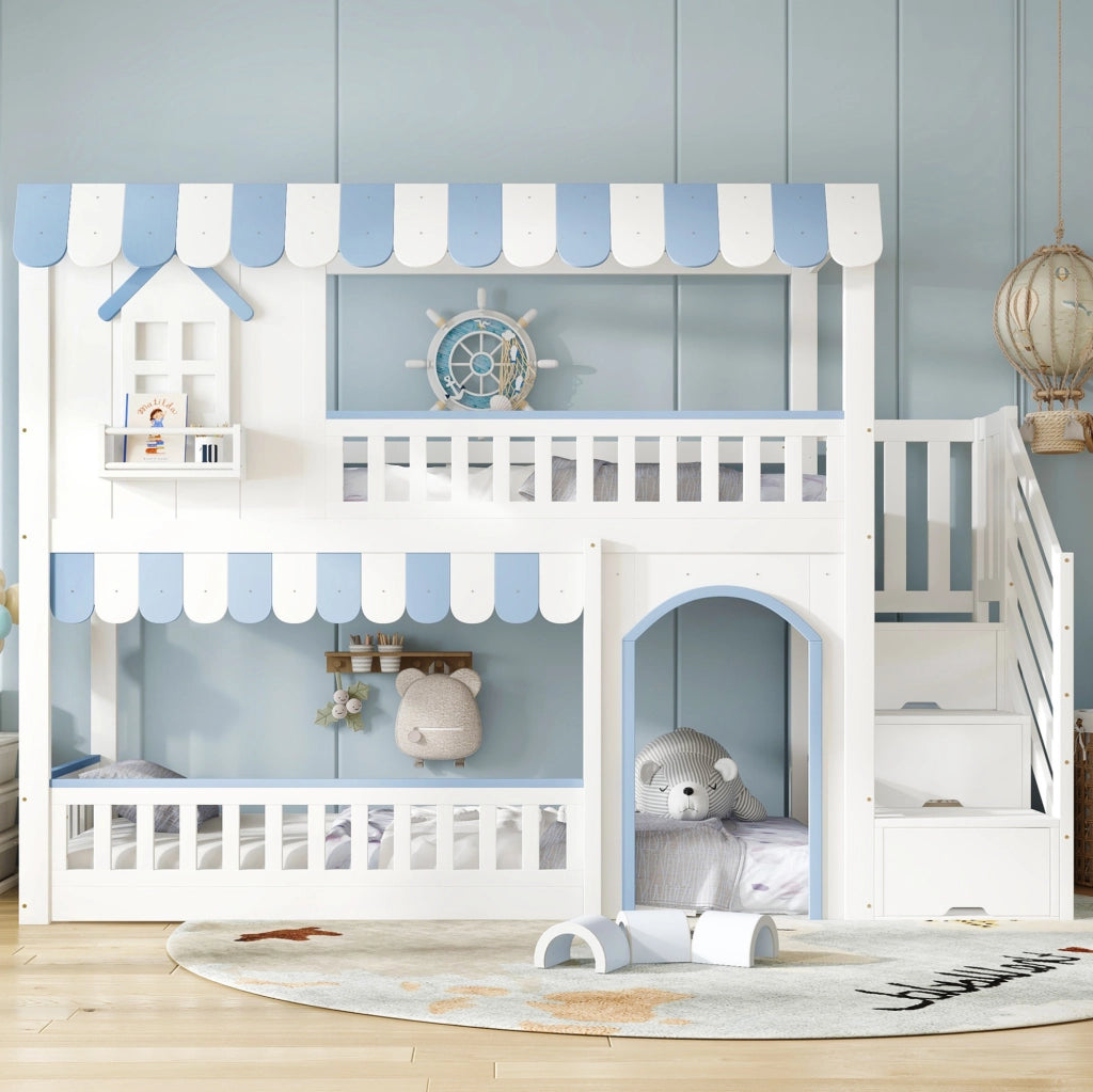 Letto a castello per bambini 90x200 cm con scala contenitore e sponde di sicurezza; bianco e blu