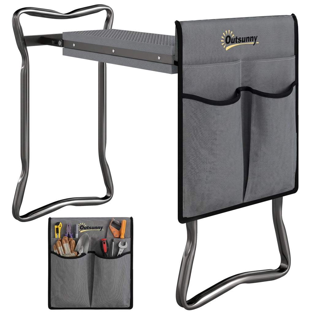 Sgabello Inginocchiatoio da Giardino Pieghevole 2 in 1 con Cuscino EVA e Tasche Porta Attrezzi, 58x28x49cm, Grigio