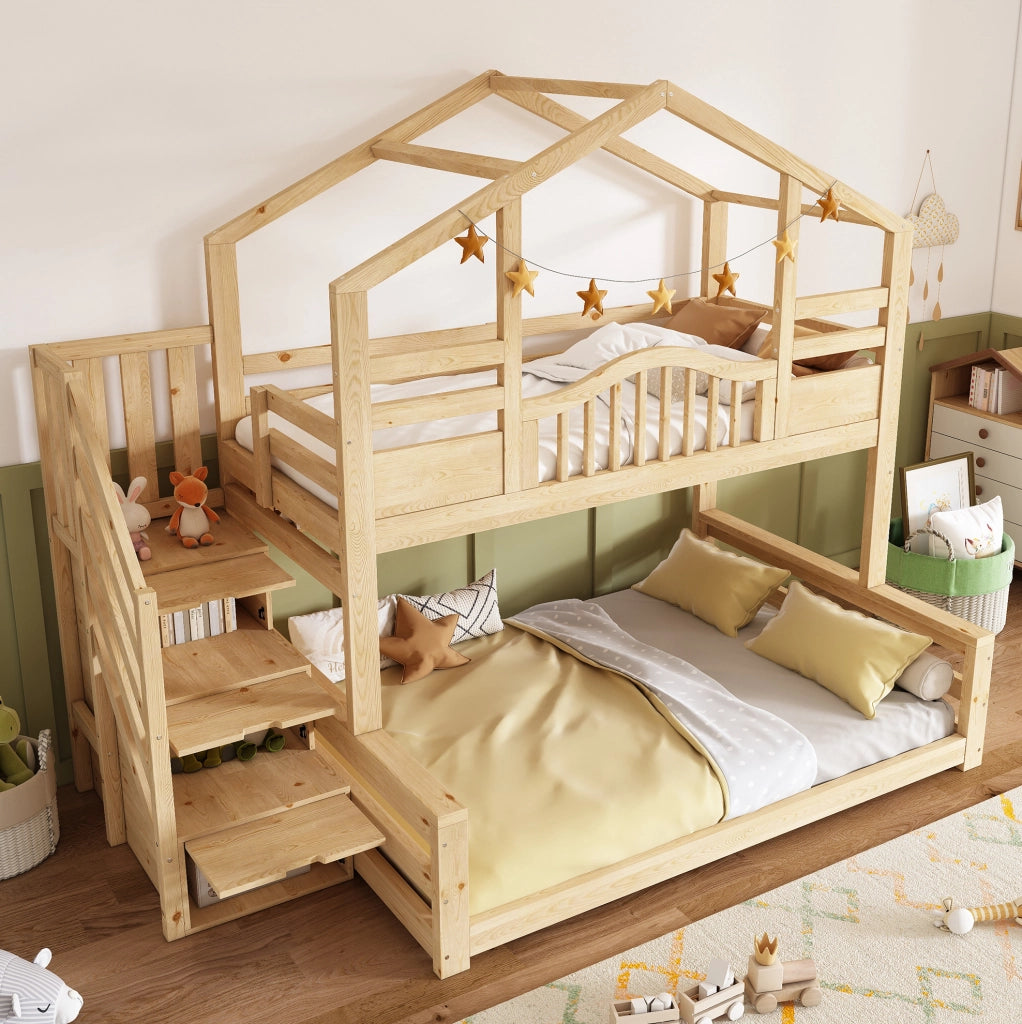 Letto a castello in legno 90x200/140x200 con scala contenitore e ripiani