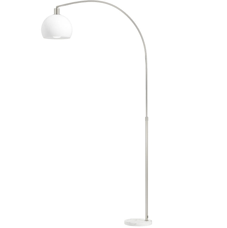 Lampada da terra bianca con testa curva, interruttore a pedale e base in marmo