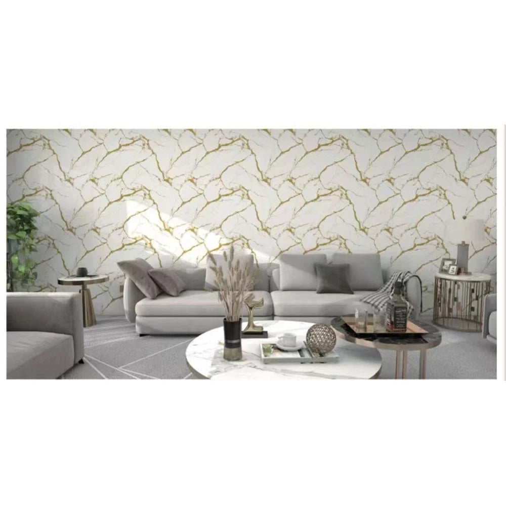 Trade Shop - Pannello Adesivo Effetto Marmo Bianco Venature Dorate 120x300cm Pareti Stanza Cls-136 -