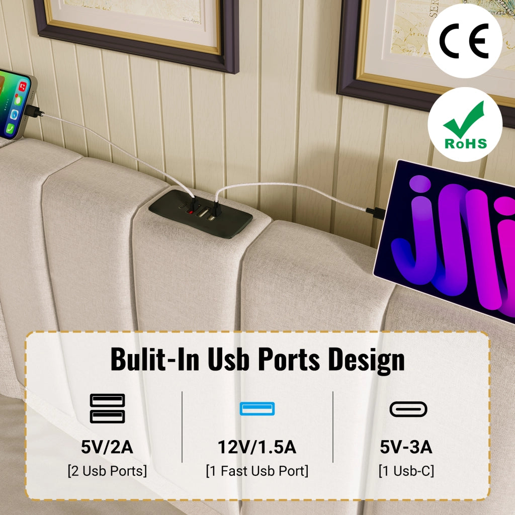 Letto Contenitore Matrimoniale 160x200 cm; USB e Type-C; LED 360°; Beige