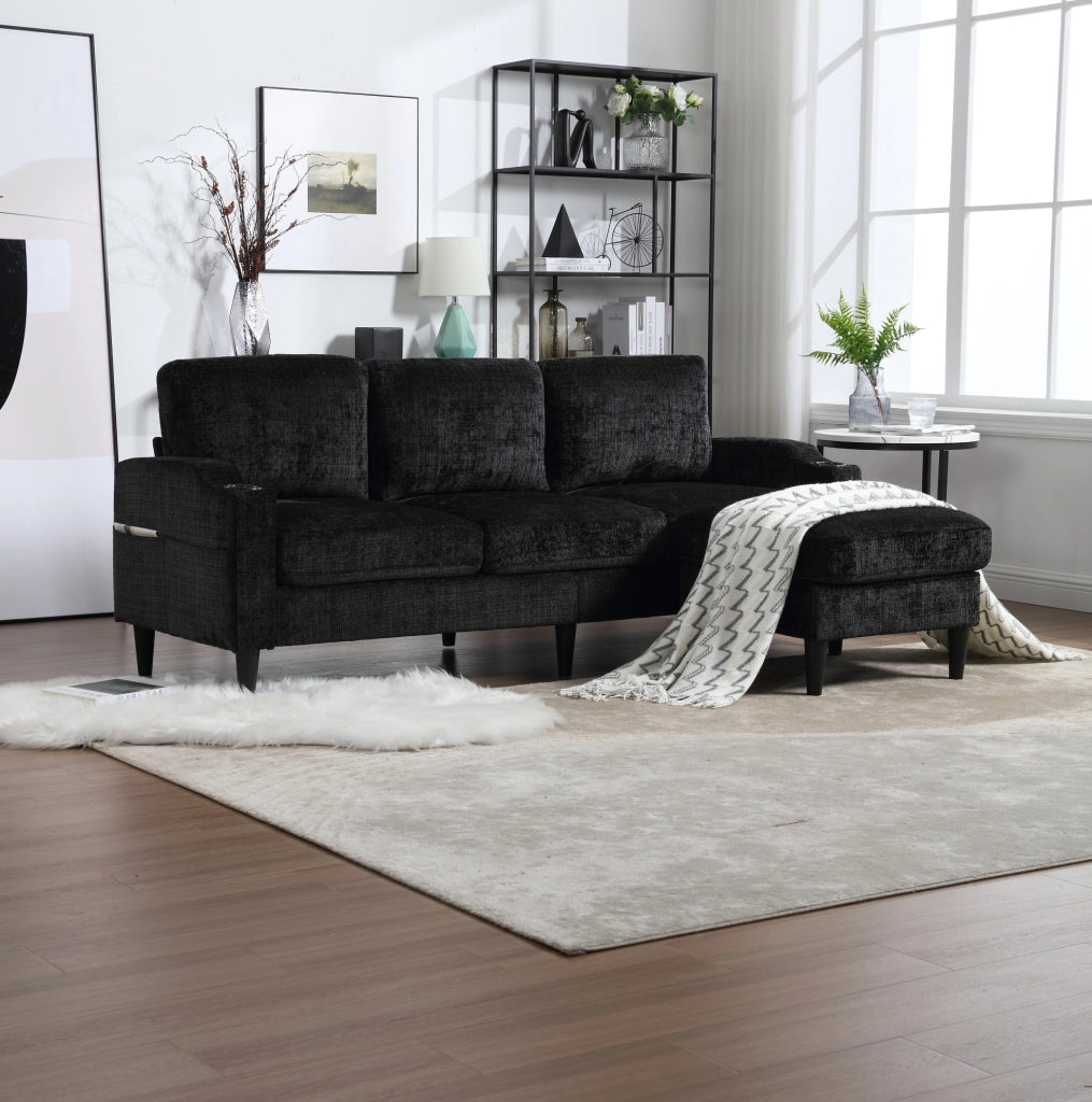 Divano 4 posti con pouf contenitore; portabicchieri e tasche laterali; chenille nero